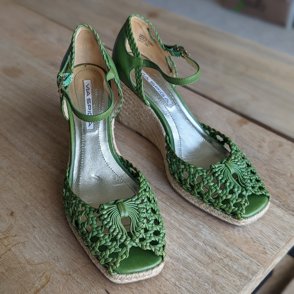 Via Spiga Green Wedge Espadrille Sandals